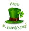 Realistic vector Leprechaun green hat with Happy St. Patrick Day sign.