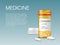 Realistic vector medical orange pills bottle with a blank label prescription medicine tablets. Ads template mockup