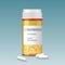 Realistic vector medical orange pills bottle with a blank label prescription medicine tablets. Ads template mockup