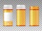 Realistic vector medical orange pills bottle isolated on transparent background. Empty closed, opened, and with a blank