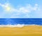 Realistic vector paradise sand beach early at morning with nobody on it. Sun is shining above the sea and white yellow