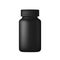 Realistic vector pill bottle. Black plastic medicine container for drugs. Sport, health and nutritional supplements.