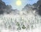 Realistic vector pine and fir forest with a lot of green trees inside fog clouds under yellow sun beams and mountains