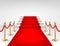 Realistic vector red event carpet, gold barriers and white stairs isolated on white