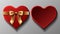 Realistic vector red velvet candy open box with golden bow in heart shape. Top view with bottom and cover. Isolated illustration