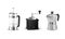 Realistic vector set of italian aluminium coffee mocca kettle, french press coffee maker and a coffee grinder on white background