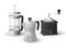 Realistic vector set of italian coffee mocca kettle, french press coffee maker and a vintage coffee grinder on white background