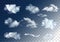 Realistic vector sky elements. Set of clouds on transparent back