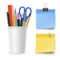 Realistic vector stationery collection. Pencil, pen, scissors, note paper