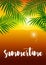 Realistic vector summer sunset poster with palm leaf
