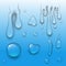 Realistic vector water splash drops liquid transparent raindrop 3d realistic wave blue illustration