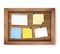 Realistic vector wooden frame with pinned pieces of paper. Notes and message papers on wooden bulletin board.