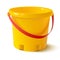 Realistic vector yellow kids bucket for sand play on the sea. Isolated on white background illustration icon.