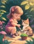 Realistic vector a Young Girl with Pet Cats in the garden by ai generated