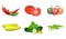 Realistic vegetables. Tomato, green cucumbers, peppers, zukini and pea pod. Isolated 3d vector icon set, eps 10