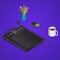 Realistic view of 3d graphic tablet with pen holder, mp3 music player and coffee mug.