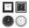 Realistic wall clocks. Modern round and square silver office or home clocks. Classical white and black dial with hands