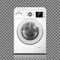 Realistic washing machine isolated on transparent background. White washer front view. Modern washing machine mockup or