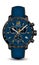 Realistic watch clock chronograph black steel blue leather strap yellow arrow on white design classic luxury vector