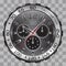 Realistic watch clock chronograph face stainless steel black dial on checkered pattern background vector