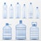 Realistic water bottle. Empty plastic containers for mineral, carbonated and soft beverages, gallon cooler jugs with