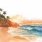 Realistic Watercolor Beach Sketch With Palm Trees And Sunset