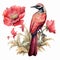 Realistic Watercolor Bird With Poppies: Surrealism Art Inspired By Tonga And Mughal Art