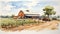 Realistic Watercolor Farm Illustration With Tractor And Barn