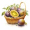 Realistic Watercolor Illustration Of Passion Fruit In A Basket