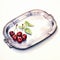 Realistic Watercolor Illustration Of A Silver Serving Tray With Cherries And Leaves