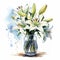 Realistic Watercolor Illustration Of White Lilies In Vase