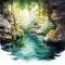 Realistic Watercolor Of Jungle River With Mayan Art And Dreamlike Installations