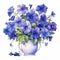 Realistic Watercolor Painting Of Blue Flowers In A White Vase