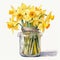 Realistic Watercolor Painting Of Daffodils In A Glass Jar