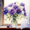Realistic Watercolor Painting Of Glorious Purple Flowers In A Vase