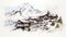 Realistic Watercolor Painting Of Mountain Village With Annapurna Iii Sketch