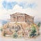 Realistic Watercolor Painting Of Parthenon On The Hill