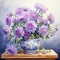 Realistic Watercolor Painting Of Purple Flowers On Table