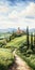 Realistic Watercolor Painting Of Rural Tuscan Landscape