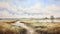 Realistic Watercolor Painting Of A Serene Marsh Landscape