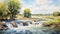 Realistic Watercolor Painting Of A Serene River Landscape