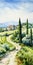Realistic Watercolor Painting Of Tuscan Countryside By Guido Borelli Da Caluso