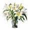 Realistic Watercolor Painting Of White Lilies In Glass Vase