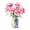 Realistic Watercolor Pink Carnations Bouquet In Glass Vase