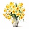Realistic Watercolour Drawing Of Yellow Daffodils In Porcelain Vase