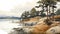 Realistic Watercolour Painting Of Coastal Pine Trees