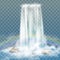 Realistic waterfall with clear water, rainbow and bubbles. Natural element for design landscape images. on transparent ba