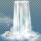 Realistic waterfall with clear water, rainbow and bubbles. Natural element for design landscape images. on transparent ba