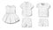 Realistic white blank baby bodysuit, shirt, pants, shorts, dress template isolated. Baby clothing mockup for newborns