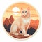 Realistic White Cat Sticker With Sunset On Hills